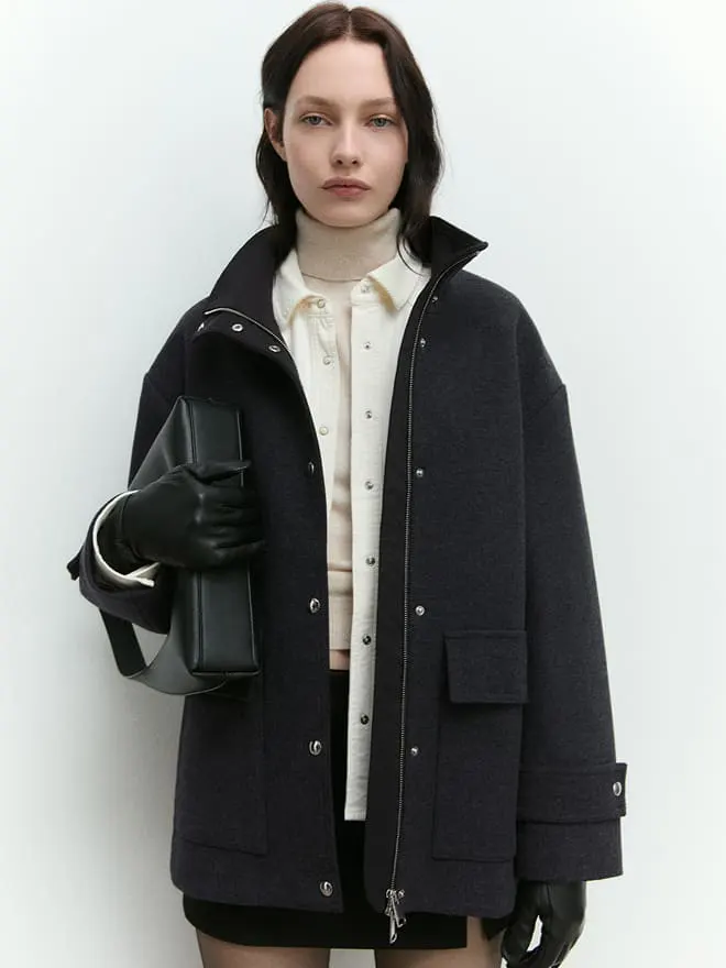 High neck midi wool coat